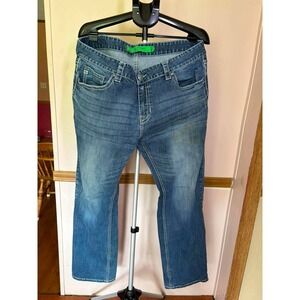Rock & Roll Cowboy Mens Relaxed Bootcut Jeans Blue Thick Stitch 38x31 SKU 43